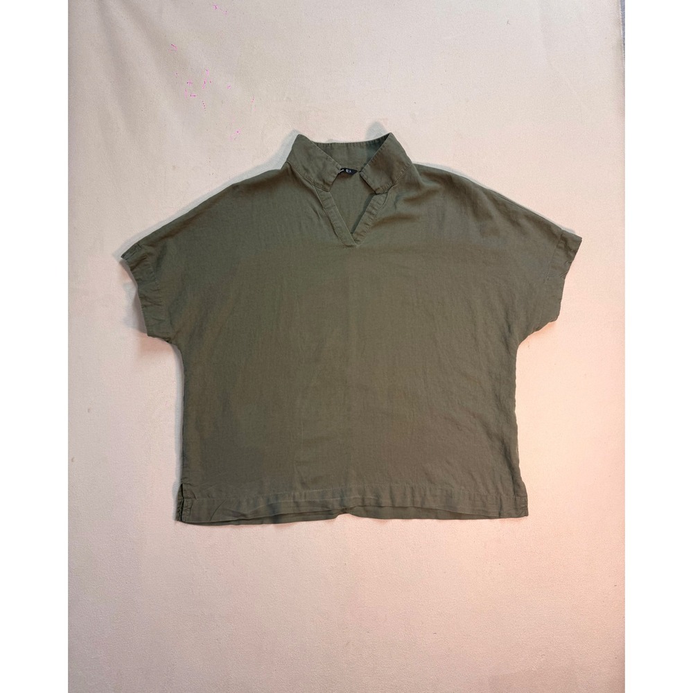 Splash Women Olive Green Linen Blend Split Neck Boxy Short Sleeve Top Large